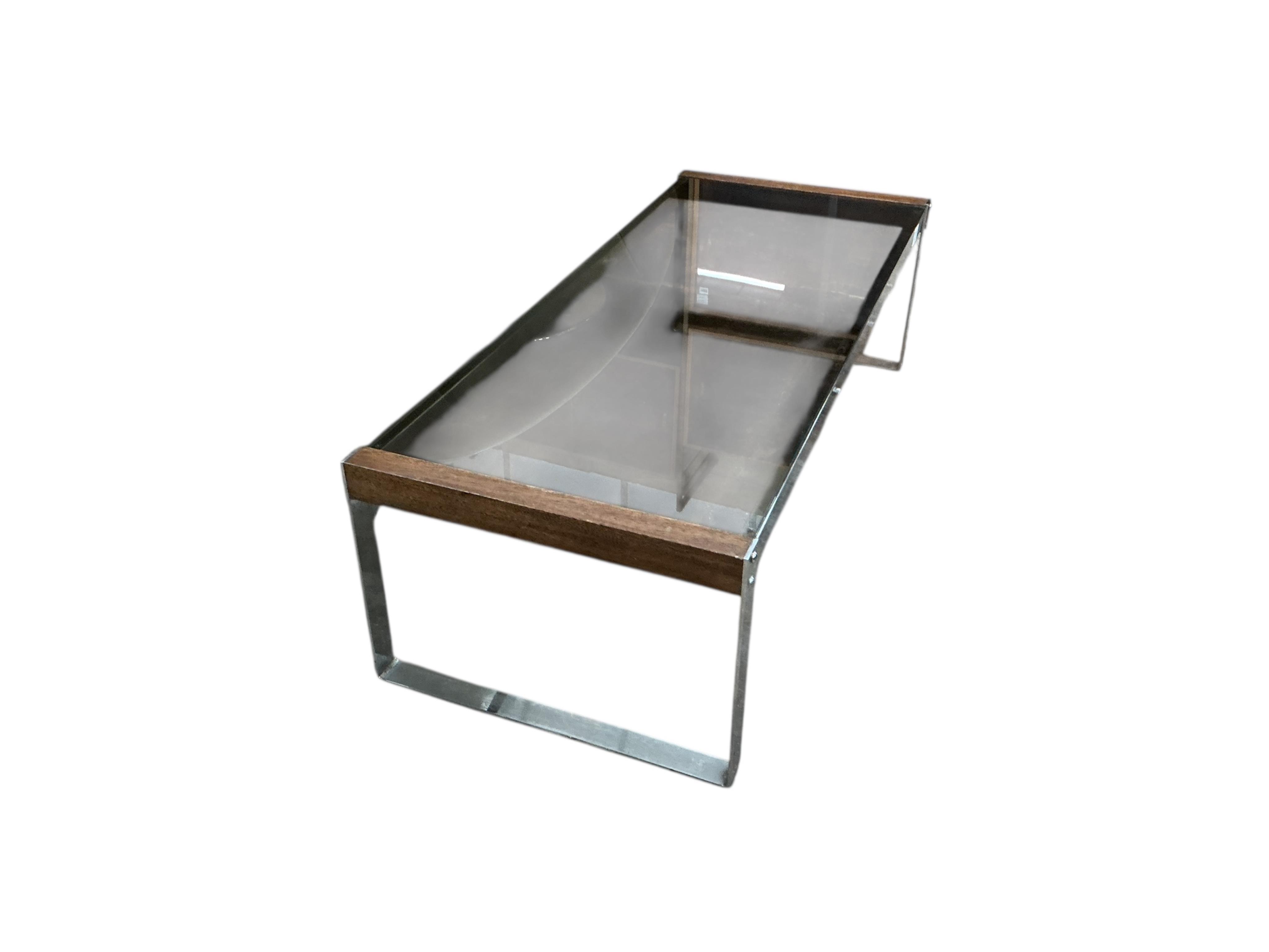 A mid century style teak and chrome rectangular coffee table with smoke glass top, width 114cm, depth 47cm, height 33cm